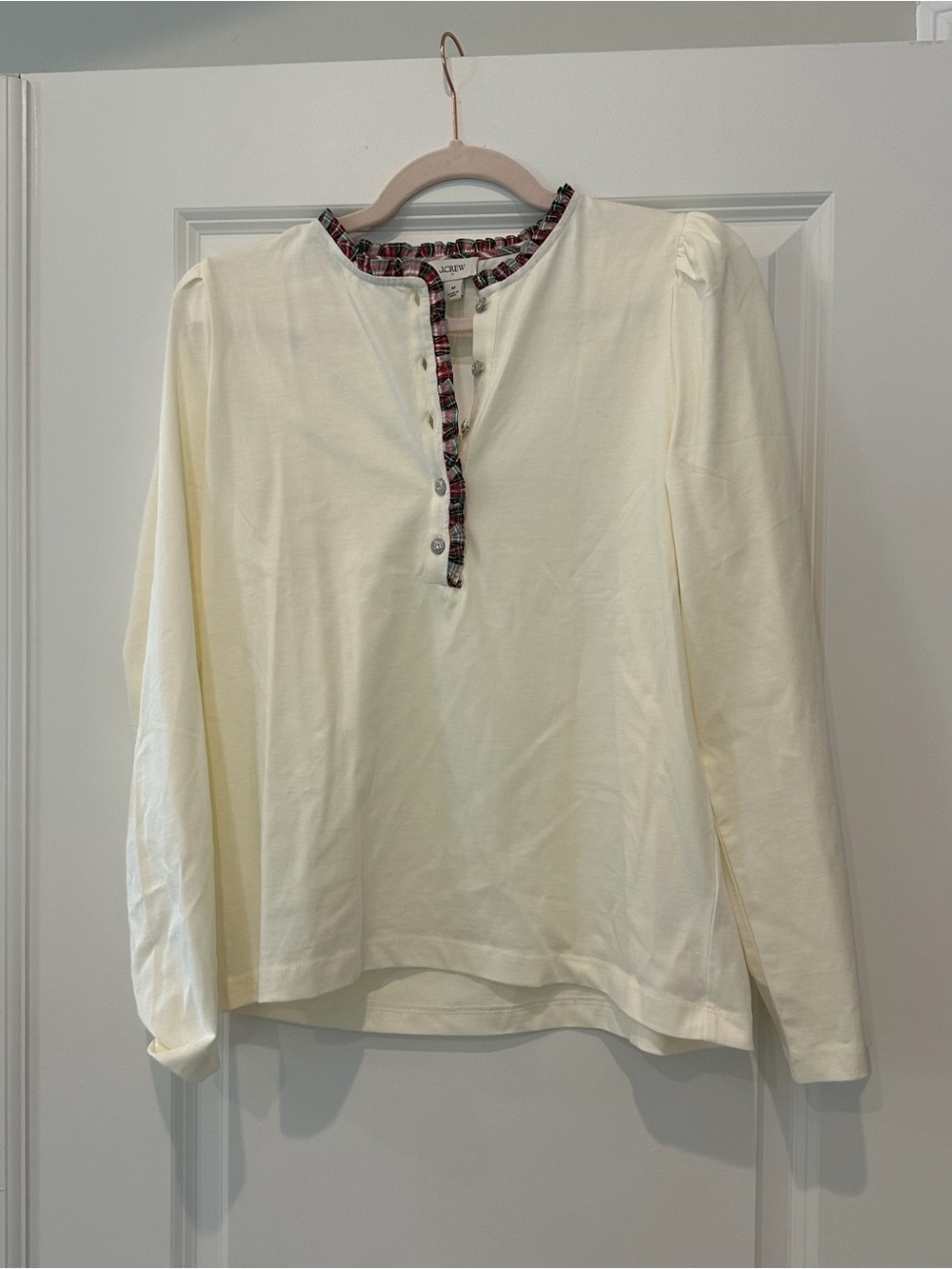 J. Crew Cream Long-Sleeve Henley with Plaid Trim